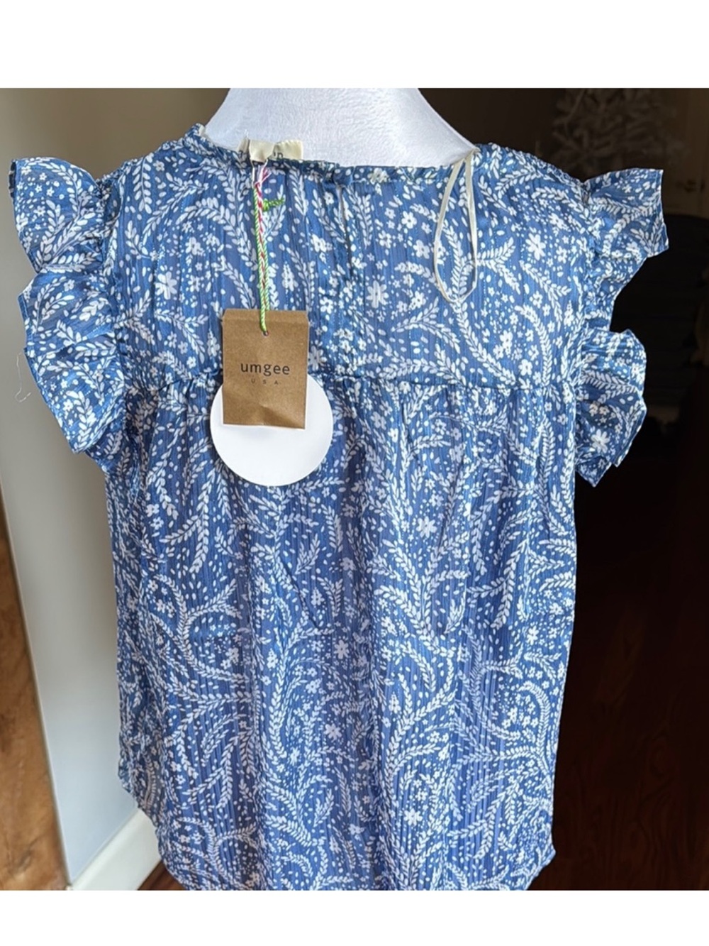 Umgee Blue Floral Smocked Ruffle Sleeve Blouse - Picture 3 of 7